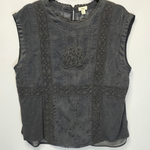 Anthropologie Tops - Anthropologie TINY Black Embroidered Eyelette Sleeveless Top Linen Blend, L